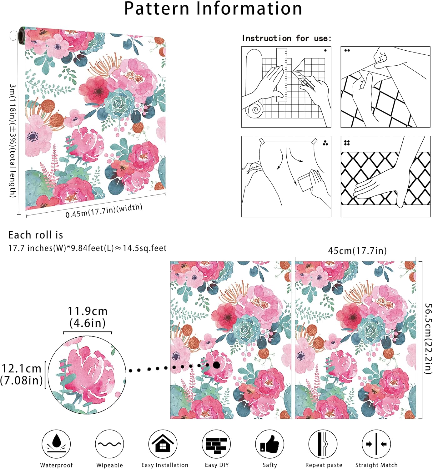 Floralplus Floral Wallpaper Peel and Stick Removable Wallpaper Boho Renter Friendly Dark Flower Wallpapers Contact Paper for Walls Cabinet Bedroom Bathroom Decor 17.5 in x 118 in