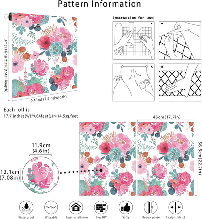 Floralplus Floral Wallpaper Peel and Stick Removable Wallpaper Boho Renter Friendly Dark Flower Wallpapers Contact Paper for Walls Cabinet Bedroom Bathroom Decor 17.5 in x 118 in
