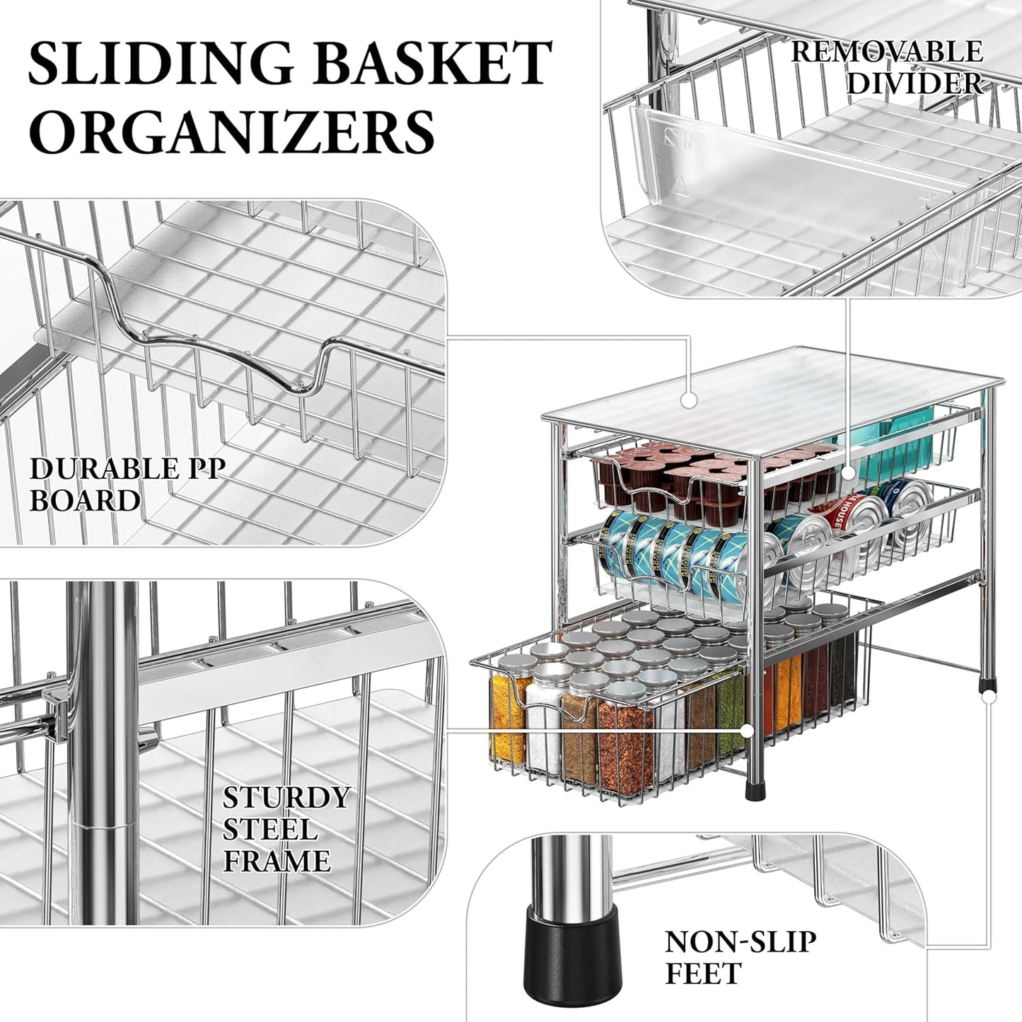 Simple Houseware Stackable 2 Tier Sliding Basket Organizer Drawer, Chrome
