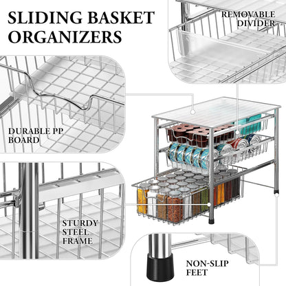 Simple Houseware Stackable 2 Tier Sliding Basket Organizer Drawer, Chrome