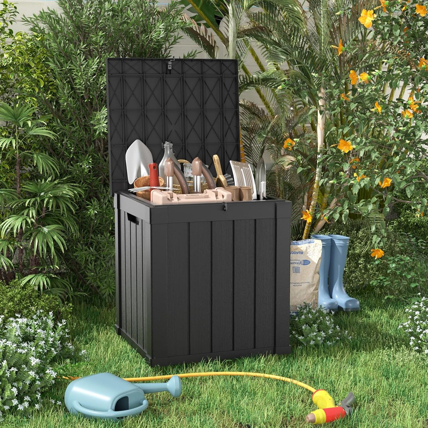 DRATO 35 Gallon Outdoor Storage Box Waterproof, Resin Small Deck Box for Patio Furniture Bench, Pool Garden Tools, Weatherproof Outside Storage Bin for Backyard Porch (Black, 35 Gallon)