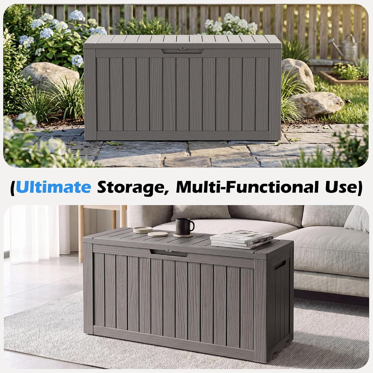 Outdoor Storage Box, 31 Gallon Resin Deck Boxes Outdoor Waterproof For Patio Furniture, Garden Tools, Pool Supplies, Lockable And UV Resistant (Rattan Gray)