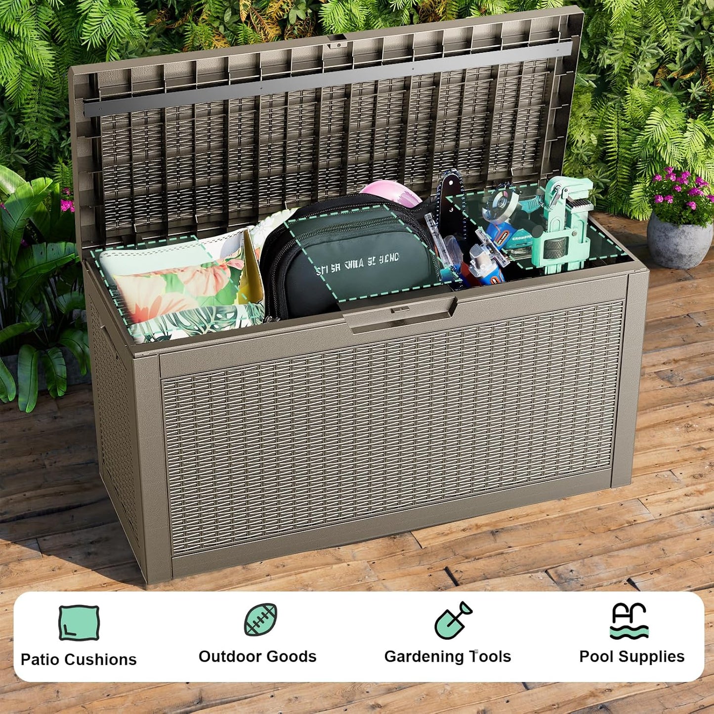 125Gal Outdoor Storage Box, Lockable Deck Box with Hydraulic Lid | Waterproof UV-resistant, Durable outdoor bin for patio cushions, pool accessories & garden tools. Keeps contents secure & dry