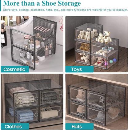 Kuject 12 Pack Large Shoe Boxes, Clear Stackable Containers with Lids,Black | Shoe organizers for closet & entryway, under-bed,Drop-front design fits women's size 10