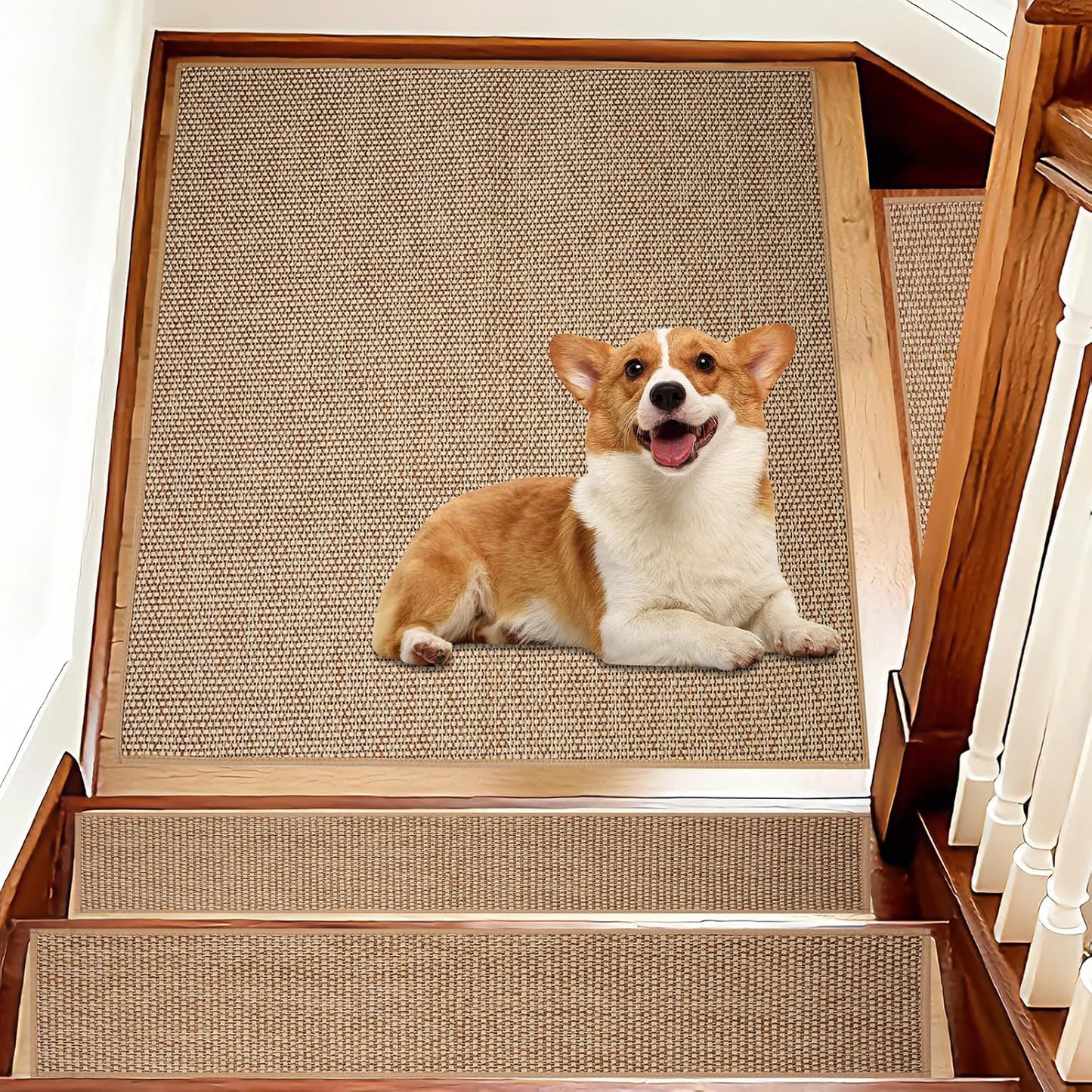 Carpet Stairs Runner for Wood Stairs, 30"x 30",Reusable Washable Self-Stick Stair Treads, for Indoor Steps, Non Slip for Kids Elders and Pets Stair Mats Residue Free, Beige 1-Pack