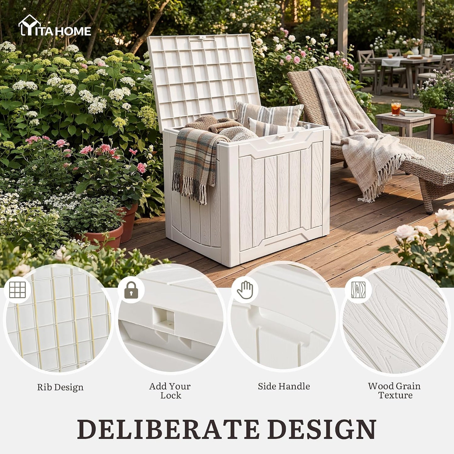 YITAHOME 134 Gallon Large Deck Box | Waterproof Resin Outdoor Storage Box with Lock, Doubles as 2-Person Bench Seating for Patio Furniture Cushions,Garden Tools &