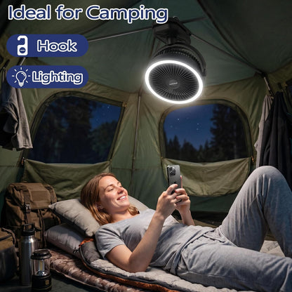 Clip on Fan 16000mAh: Portable Rechargeable Clamp Fan for Stroller Bed Camping Tent Golf Cart - Quiet Battery Operated with 3 Speed Strong Airflow LED Light Hook for Office Desk Outdoor (Black)
