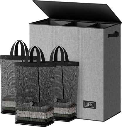 SOLEDI 180L Laundry Hamper 3 Section, Extra Large Laundry Hamper with Lid, Dirty Clothes Hamper with Sturdy Handle, Large Laundry Basket Organizer for Laundry Room, Bedroom, Hampers for Laundry