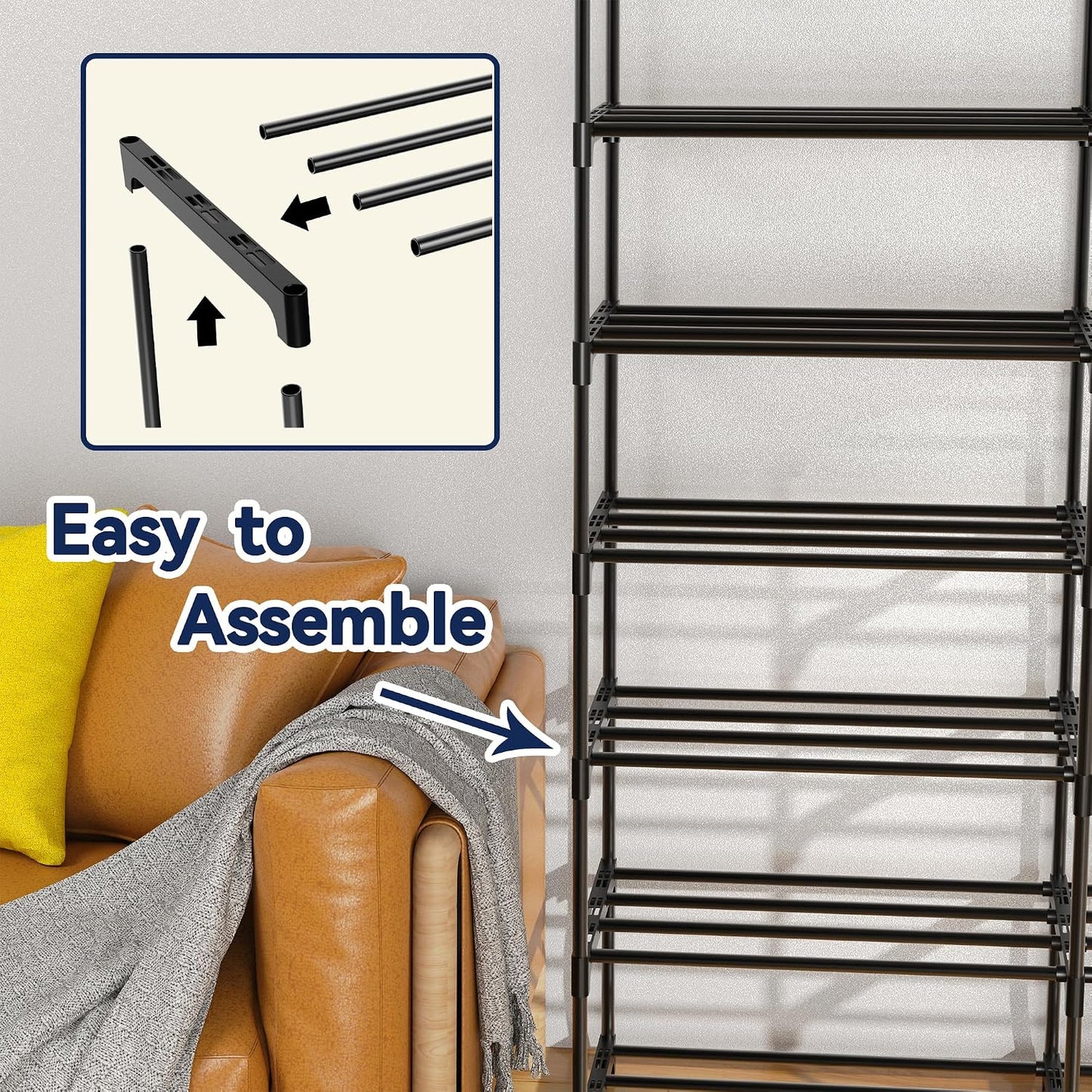 3 Row 4 Tier Long Shoe Rack, Black Metal Stackable Shoe Shelf with Multifunctional Hooks, Shoe Storage Hold 24-30 Pairs, Space Saving Shoe Organizer for Closet,Wide Shoe Rack
