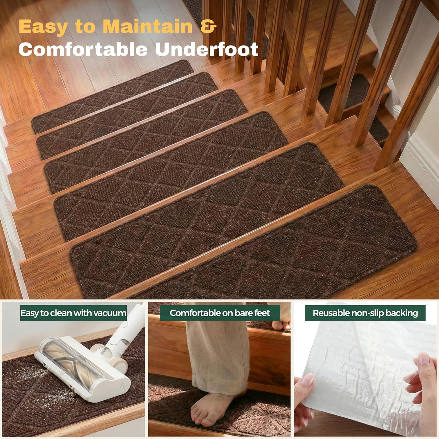 MBIGM 8" X 30" (15 in Pack) Non-Slip Carpet Stair Treads Non-Skid Safety Rug Slip Resistant Indoor Runner for Kids Elders & Pets with Reusable Adhesive - Dark Gray Diamond Weave