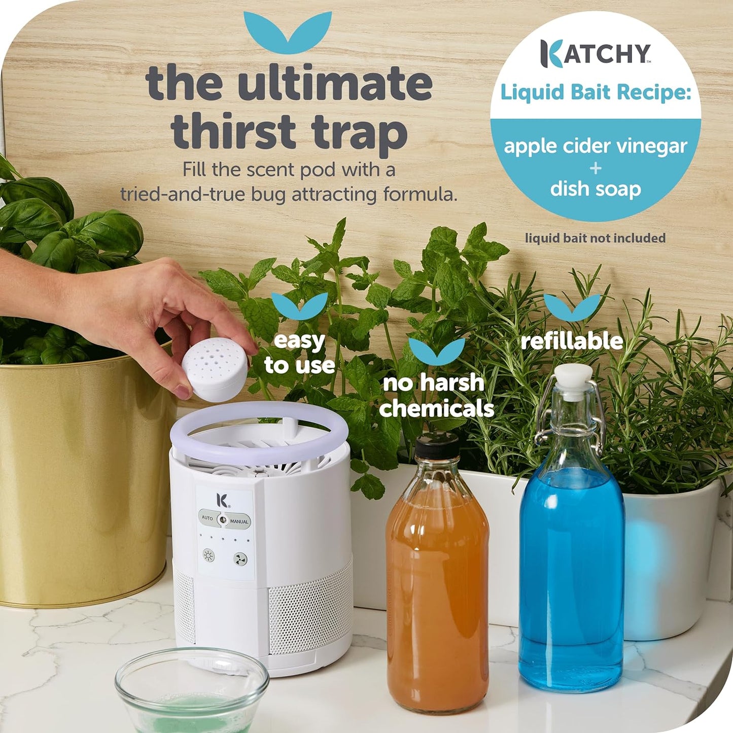 The Original Katchy Indoor Insect Trap - Fan Powered with UV Light - Fruit Fly Traps for Indoors - for Fruit Flies, Gnats, Mosquitoes, Moths (Black)