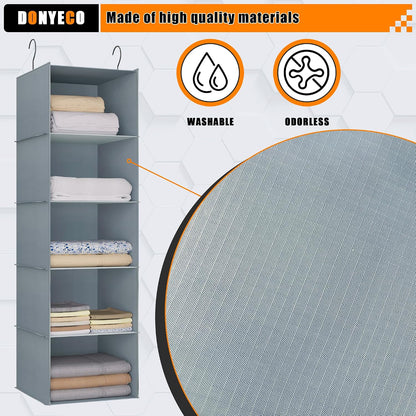 Hanging Closet Organizer 3-Shelf, Oxford Fabric Wardrobe Storage, Gray | Easy-mount foldable design holds clothes, handbags, shoes & accessories; washable Oxford fabric, sturdy and space-saving.
