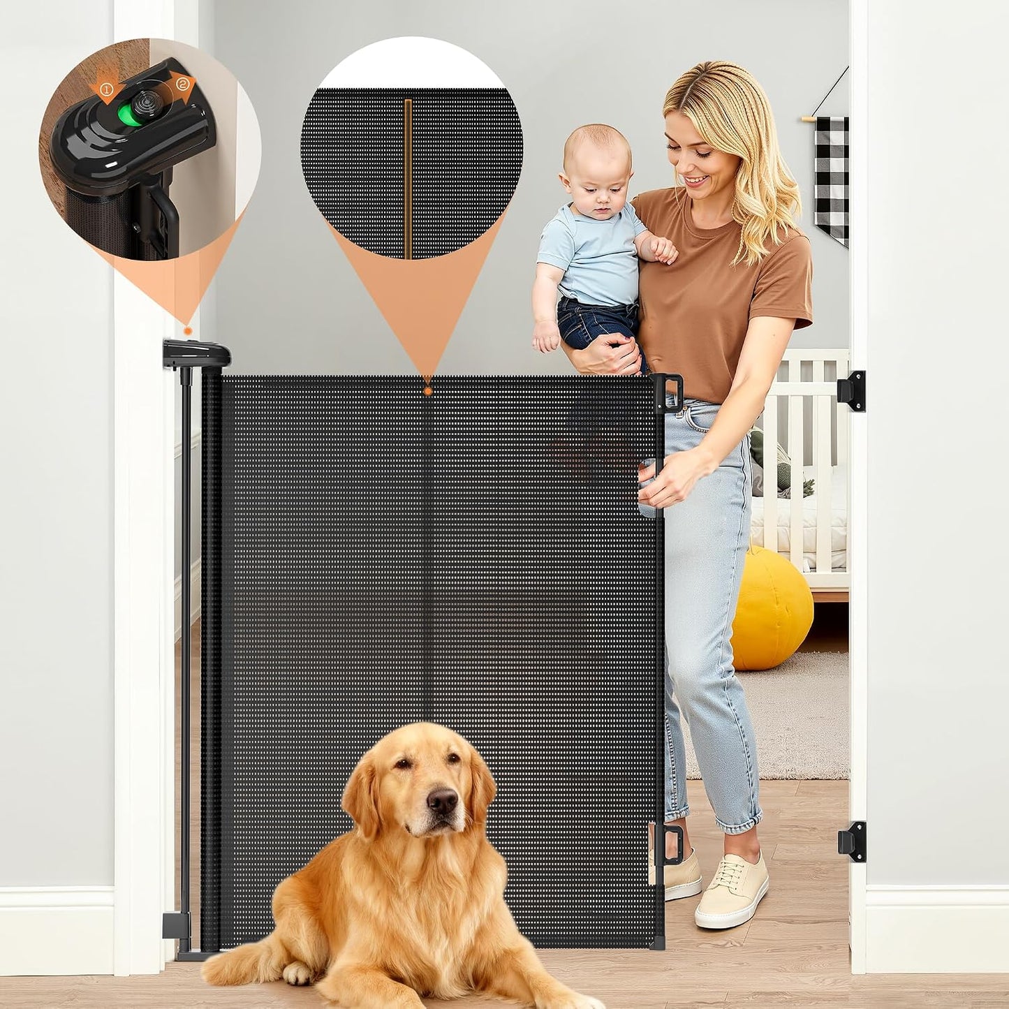 Retractable Baby Gate for Stairs, 42" Tall X 200" Wide Mesh Dog Gate Indoor, Child Gate for Doorways, Hallways, Deck, Indoor Outdoor Pet Baby Safety Essentials for Home, Black