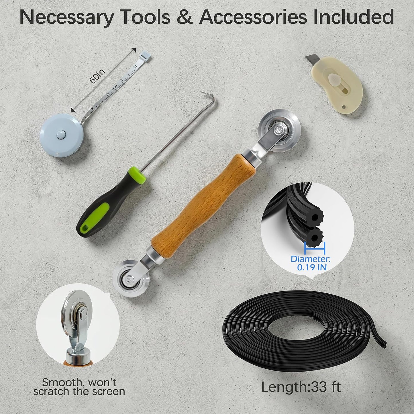 Window Screen Door Repair Kit: 48"x118" Fiberglass Replacement Screen Mesh - 6 in 1 DIY Set of Tools with Rolling Tool/Hook/Ruler/Cutter/Spline, Suitable for Window, Sliding Door, Patio & RV