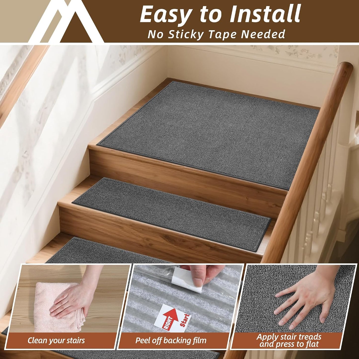 COSY HOMEER Stair Treads Non-Slip Carpet Stair Treads for Wooden Steps, Indoor Stair-Runner Rugs for Kids Elders & Pets 28"x9" (4Pc, Dark Gray)