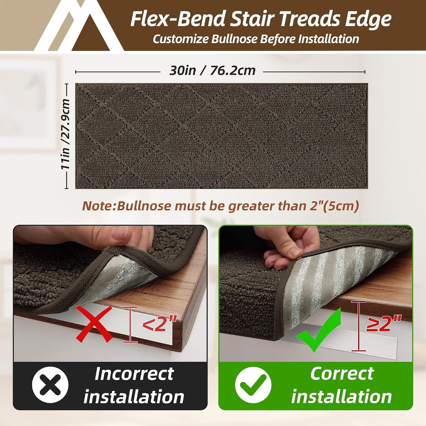 Self Adhesive Bullnose Carpet Stair Treads Non Slip,Grey,11"x30",3 Pack | Pet Friendly, Peel and Stick Stair Treads for Wooden Steps, Washable Stair Runner for Kids Elders, Edge Protection