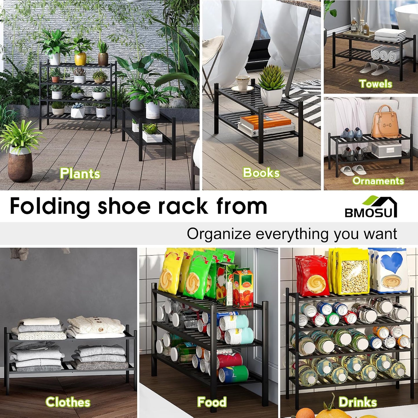 BMOSU 2-Tier Bamboo Small Shoe Rack Premium Stackable Shoe Shelf Storage Organizer for Hallway Closet Living Room Entryway Organizer (Black Bamboo)