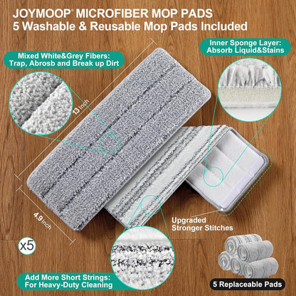 JOYMOOP Mop and Bucket Set, Flat Mops for Floor & Wall Cleaning, Commercial & Household Use, Hardwood Floor Mop with Long Handle & 4 Microfiber Pads