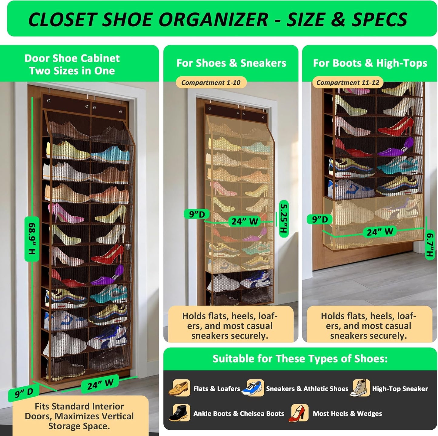 Kotkn 24-Pair Over Door Shoe Organizer for Family & Kids, Double Sided | Hanging Storage for Sneakers, Boots, Toys & Room Organization-Graphite Gray