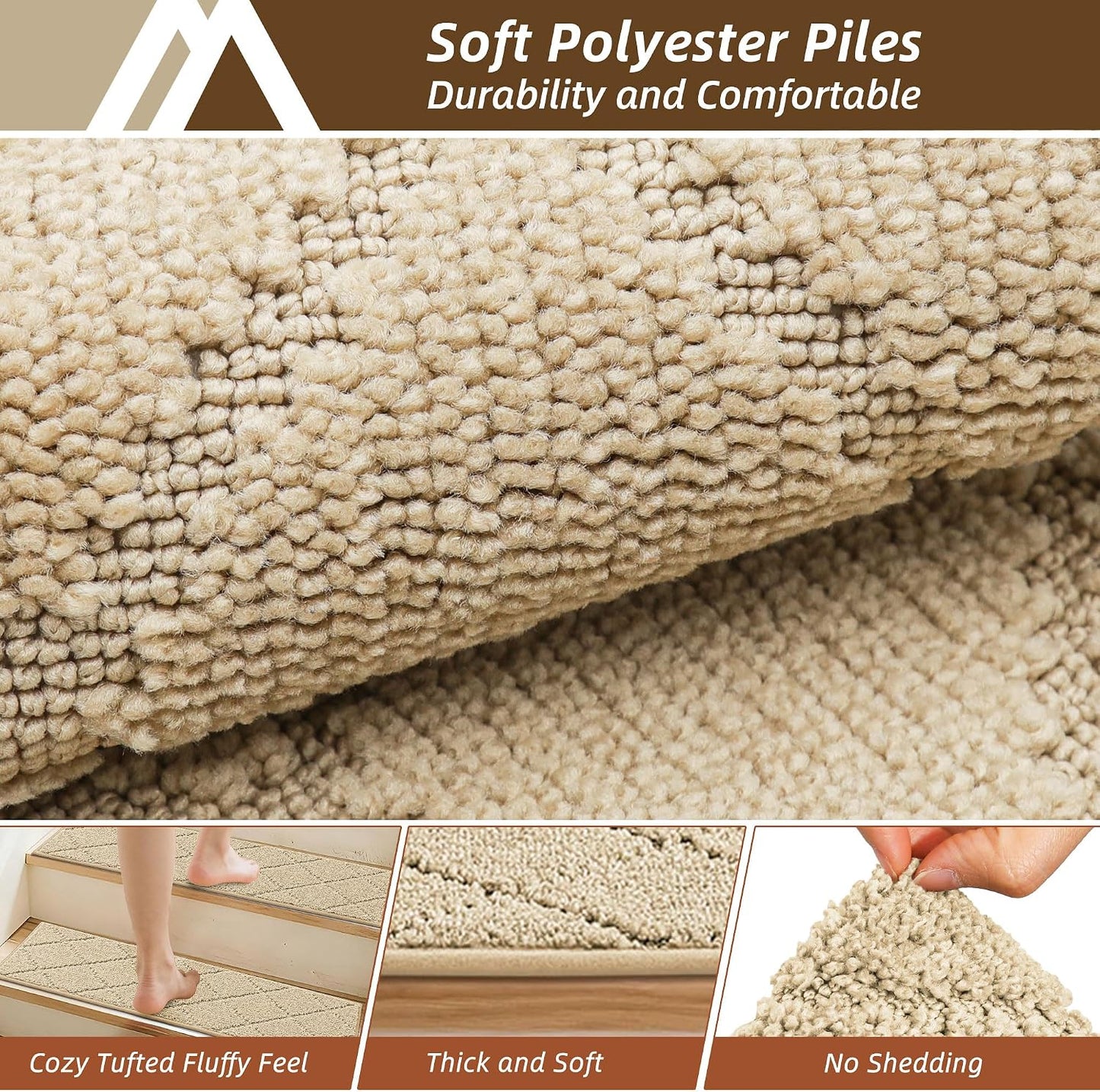 COSY HOMEER Edging Stair Treads Non-Slip Carpet Mat 28inX9in Indoor Stair Runners for Wooden Steps, Edging Stair Rugs for Kids and Dogs, 100% Polyester TPE Backing(4pc, Beige)