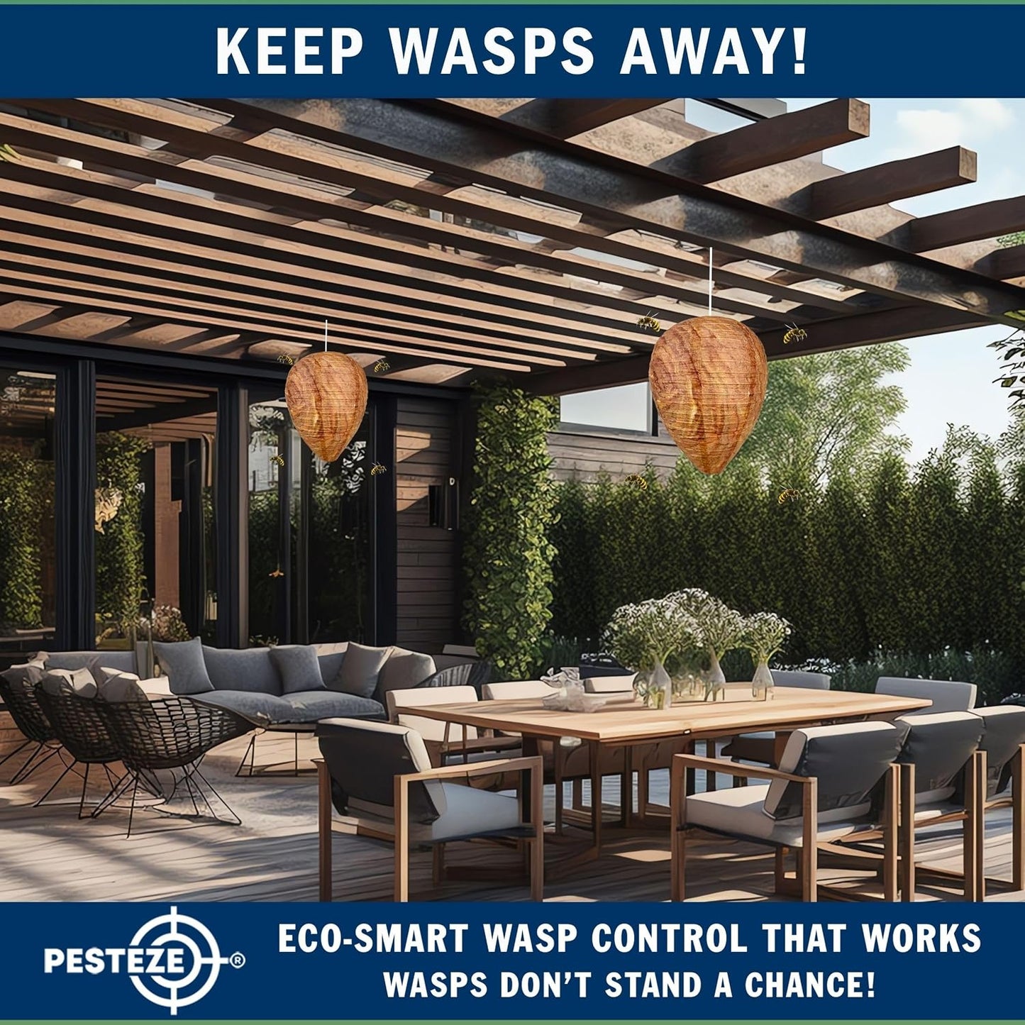 PESTEZE USA 2 Pack Hanging Wasp Nest Decoy [11.8 x 8.6 Inch]—Faux Wasp, Hornet and Yellow Jacket Deterrent for Outdoor Spaces. Simulated Rival Hives Help Prevent New Nests Without Any Harsh Chemicals