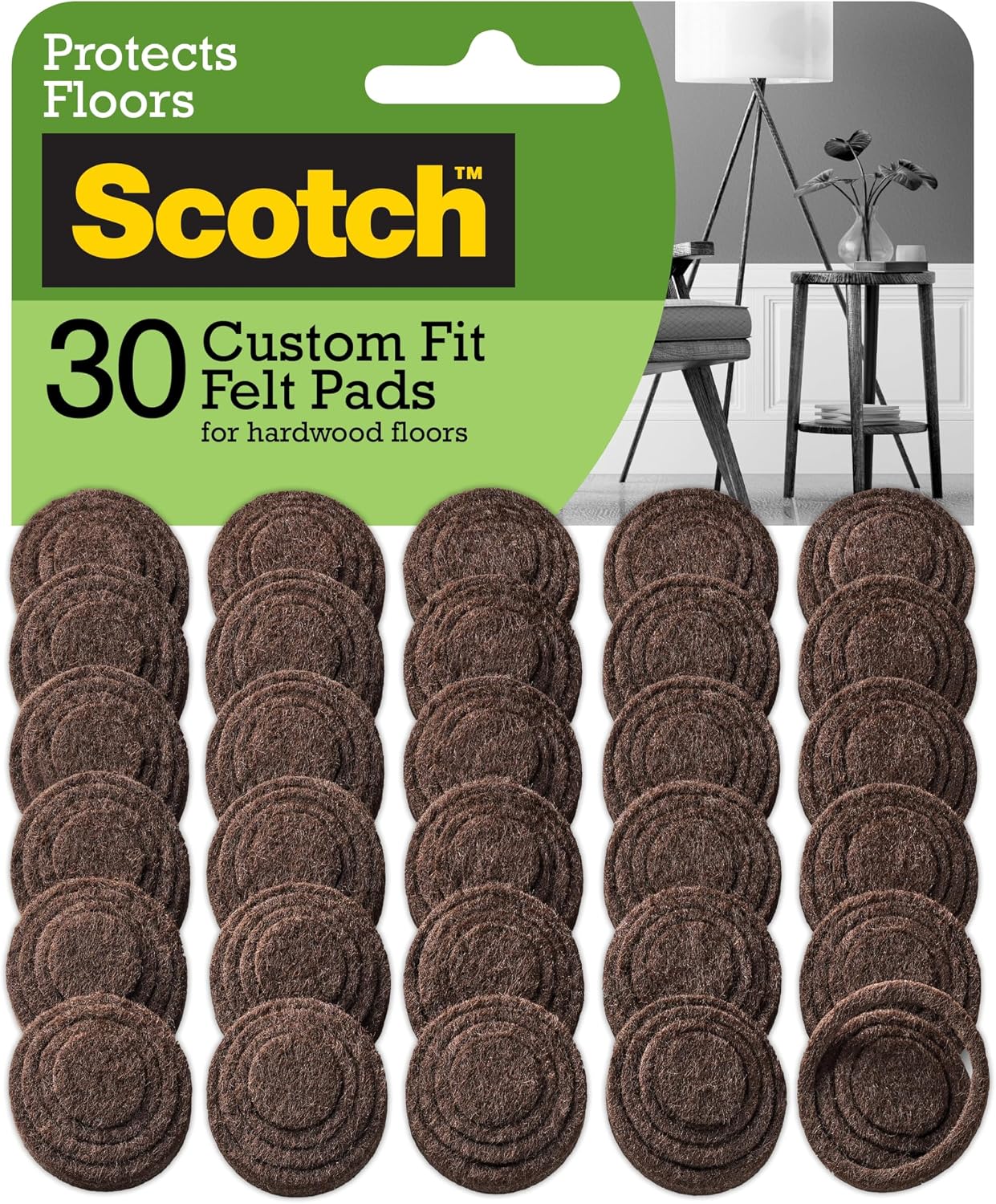 Scotch Custom Fit Felt Pads, Customize Pad Size from 0.75" to 1.5" in, 30 Round Pad Brown, Protection for Hardwood, Vinyl, and Laminate Flooring, Easy-to-apply, Self-Stick design (SP885-NA)