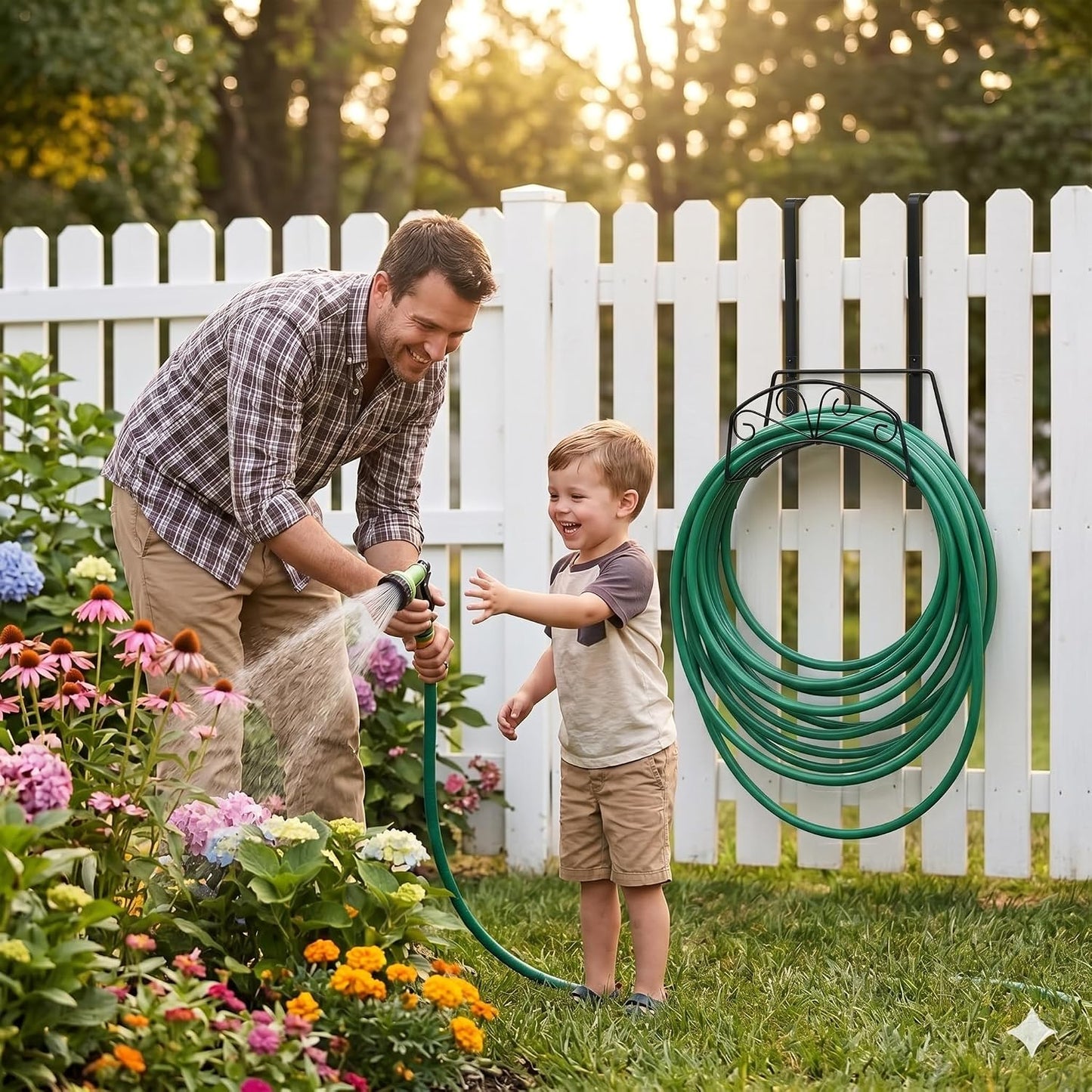Garden Hose Holder, Sturdy Hose Storage Organizer Reel Rack for Outside Garden Lawn Yard Farm -Wall Mount Or Hanger (White)