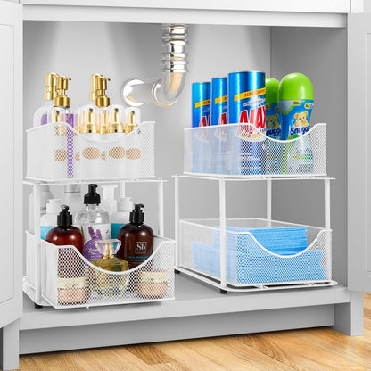 Sorbus 2 Tier Metal Under Sink Organizer for Bathroom, Kitchen, Strong Steel Mesh Sliding Drawers for Under Sink, Under Cabinet, Closet, Kitchen, Pantry, Bathroom Organizers and Storage (Black)