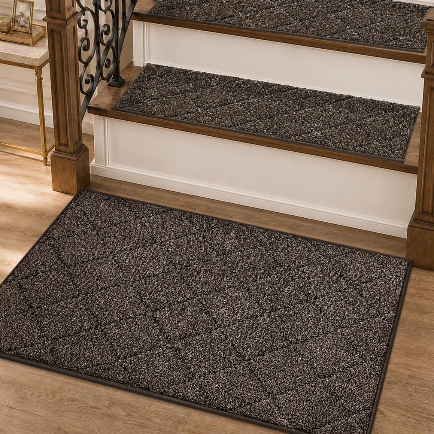 COSY HOMEER Edging Stair Treads Non-Slip Carpet Mat 28inX9in Indoor Stair Runners for Wooden Steps, Edging Stair Rugs for Kids and Dogs, 100% Polyester TPE Backing(4pc, Beige)