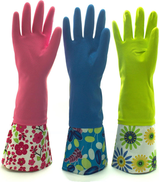 Reusable Waterproof Household Latex Cleaning Gloves, Long Cuff, Kitchen Gloves. 16 inches Long - Pack of 3 (Medium)