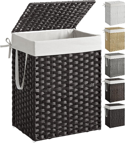 SONGMICS Laundry Hamper with Lid, 23.8 Gallon (90 L) Synthetic Rattan Clothes Laundry Basket with Lid and Handles, Foldable, Removable Liner, Chestnut Brown ULCB051K02