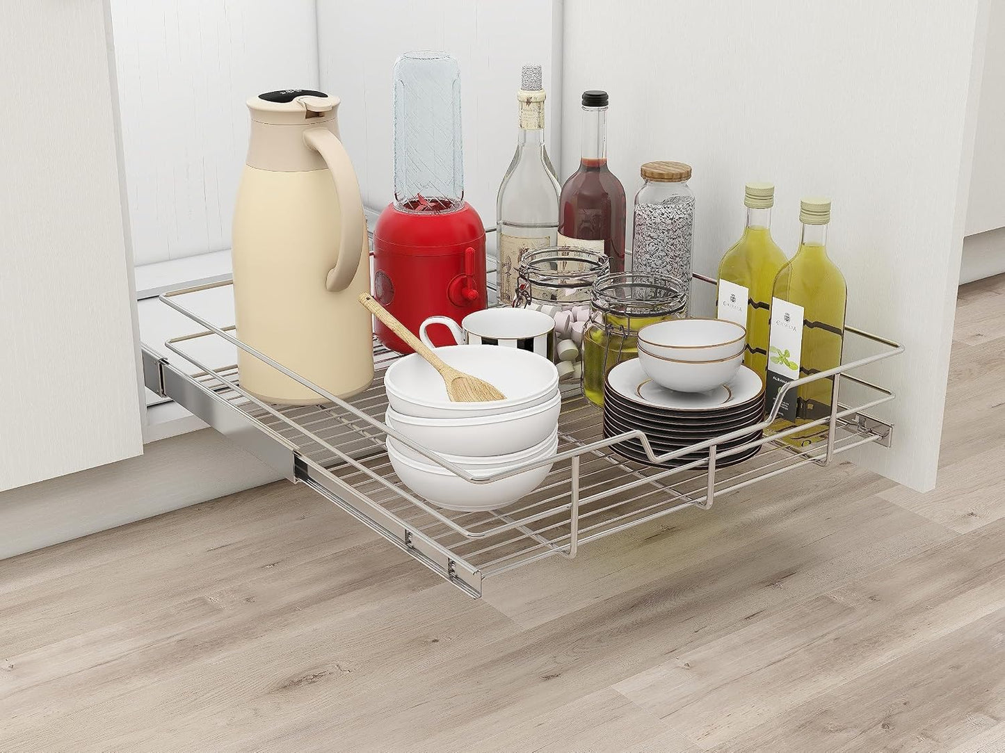 2 Tier Pull Out Cabinet Organizer 11" W X 22" D, Slide Out Drawers For Kitchen Cabinets, Pull Out Drawers For Cabinets Capacity Heavy Duty Caddy, Cabinet Pullout Shelves Chrome-Plated, Bathroom Pantry