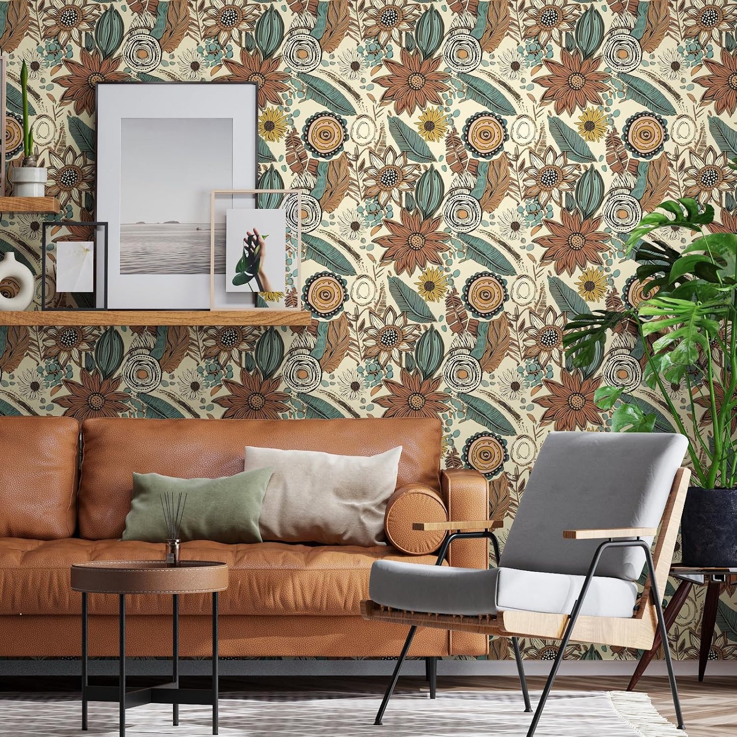 Blue Wallpaper Peel and Stick,Vintage Boho Floral Contact Paper 17.5" x 118", Retro Botanical Flower Wall Paper Self Adhesive Removable Waterproof for Walls Shelves Cabinet Table (Blue,Yellow, Green)