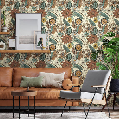 Blue Wallpaper Peel and Stick,Vintage Boho Floral Contact Paper 17.5" x 118", Retro Botanical Flower Wall Paper Self Adhesive Removable Waterproof for Walls Shelves Cabinet Table (Blue,Yellow, Green)