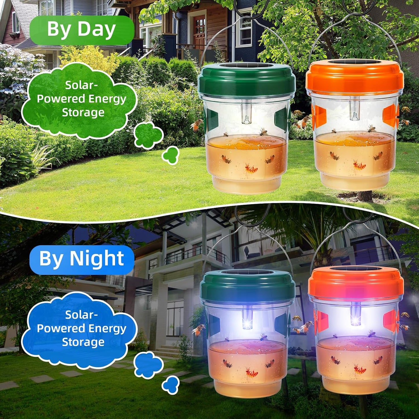 Wasp Trap Outdoor Hanging 4Pack,Solar Powered Yellow Jacket, Wasp and Hornet Trap with UV Light, Waterproof Outdoor Bee Trap and Efficient Bee and Wasp Trap for Patio, Backyard & Home