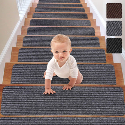 RIOLAND Stair Treads Carpet Non-Slip Indoor Stair Runners for Wooden Steps, Stair Rugs for Kids and Dogs, Set of 15, 8" X 30", Gray