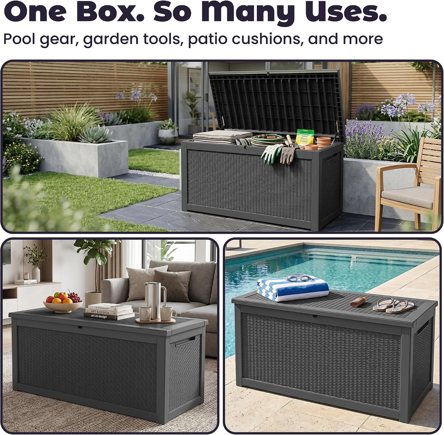 PatioZen 50 Gallon Deck Box Outdoor, Weatherproof Resin Patio Storage Box, Waterproof Outdoor Storage Boxes with Lid Lockable for Cushions, Garden Tools,Grey