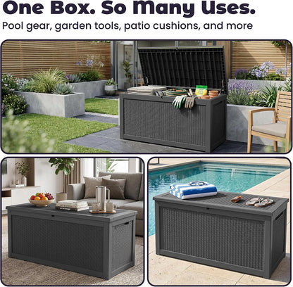 PatioZen 50 Gallon Deck Box Outdoor, Weatherproof Resin Patio Storage Box, Waterproof Outdoor Storage Boxes with Lid Lockable for Cushions, Garden Tools,Grey