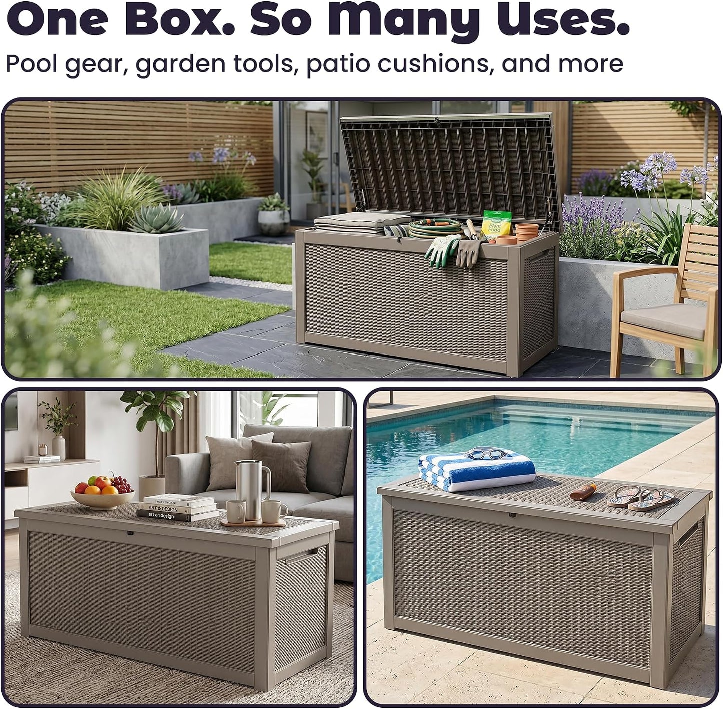 PatioZen 50 Gallon Deck Box Outdoor, Weatherproof Resin Patio Storage Box, Waterproof Outdoor Storage Boxes with Lid Lockable for Cushions, Garden Tools,Grey