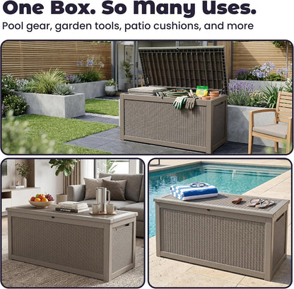 PatioZen 50 Gallon Deck Box Outdoor, Weatherproof Resin Patio Storage Box, Waterproof Outdoor Storage Boxes with Lid Lockable for Cushions, Garden Tools,Grey