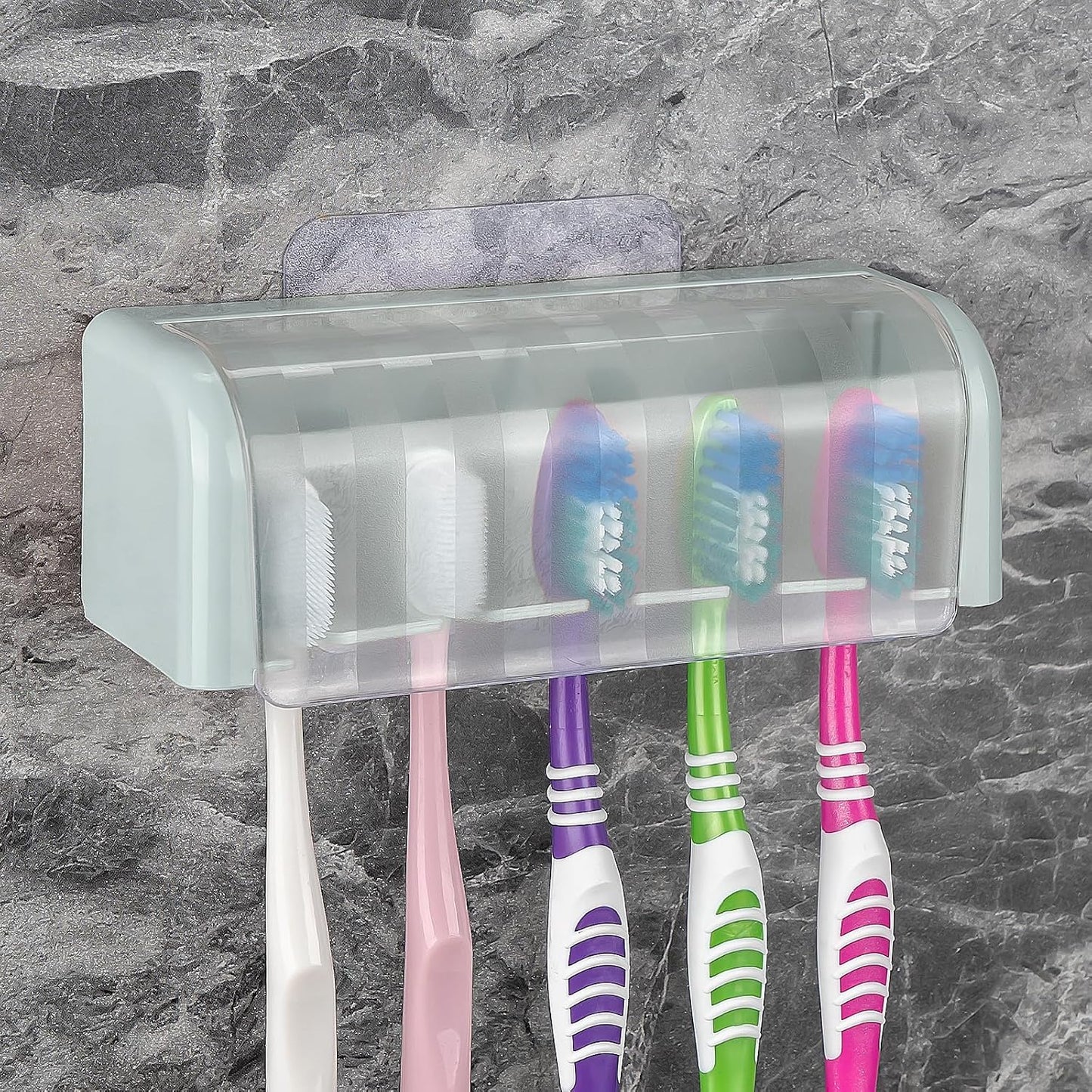 5 Slots Wall Mount Toothbrush Holder with Cover, Self Adhesive Toothbrush Storage Organizer for Shower, Toothbrush Hanger with Automatic Toothpaste Squeezer Dispenser