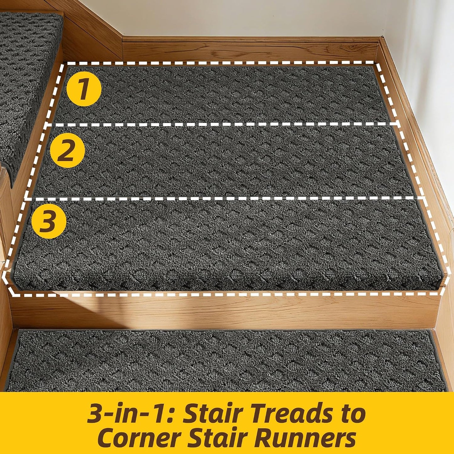JSEI Bullnose Carpet Stair Treads, 14 Pcs Non Slip Stair Treads for Wooden Steps Indoor with TPE Backing, 11" x 30" Machine Washable Stair Runners with Edge Protection for Kids, Elders and Pets, Beige
