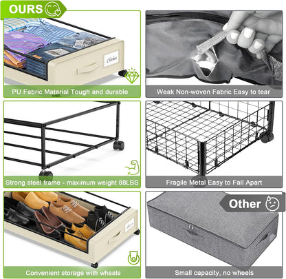 YAASHEEN Under Bed Storage with Wheels, 2-Pack Under the Bed Storage Containers with Clear Lids & Label, Underbed Storage Bins, XXL 60L Rolling Metal Drawer for Clothes, Shoes, Toys, Books - Gray