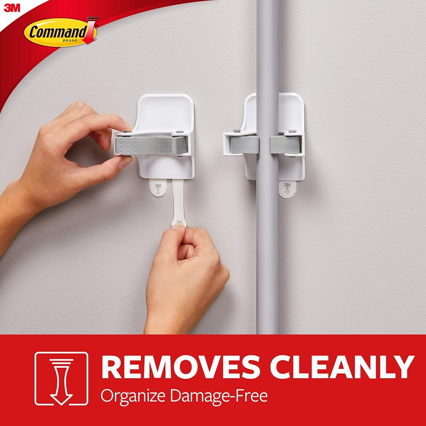 Command Broom Grippers, 2 Hangers and 4 Strips, Damage-Free Mop and Broom Holder Wall Mount, Household Cleaning Tool Organizer for Kitchen, Laundry Room, Closet, Holds up to 4 lb