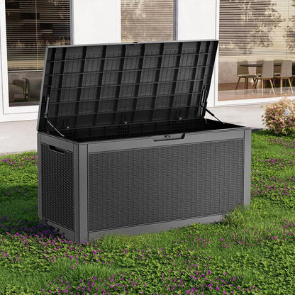 ROJIK 340 Gallon Deck Box Outdoor Waterproof,Weatherproof Outdoor Storage Boxes Lockable with Lid,Outside Resin Storage Bench for Patio Cushions,Garden Tools and Pool Accessories(Black)