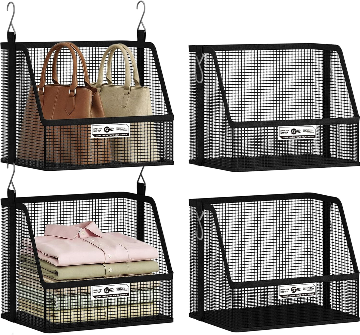 STORAGE MANIAC 3 Tier Hanging Closet Organizer with Mesh Baskets, Clothes Hanging Shelves, Foldable Stackable Storage, Space-Saving Collapsible Basket with Hooks for RV, Dorm, Bedroom, College, Black
