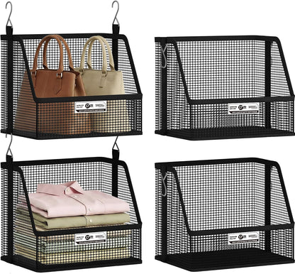 STORAGE MANIAC 3 Tier Hanging Closet Organizer with Mesh Baskets, Clothes Hanging Shelves, Foldable Stackable Storage, Space-Saving Collapsible Basket with Hooks for RV, Dorm, Bedroom, College, Black