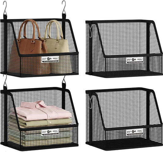 STORAGE MANIAC 3 Tier Hanging Closet Organizer with Mesh Baskets, Clothes Hanging Shelves, Foldable Stackable Storage, Space-Saving Collapsible Basket with Hooks for RV, Dorm, Bedroom, College, Black