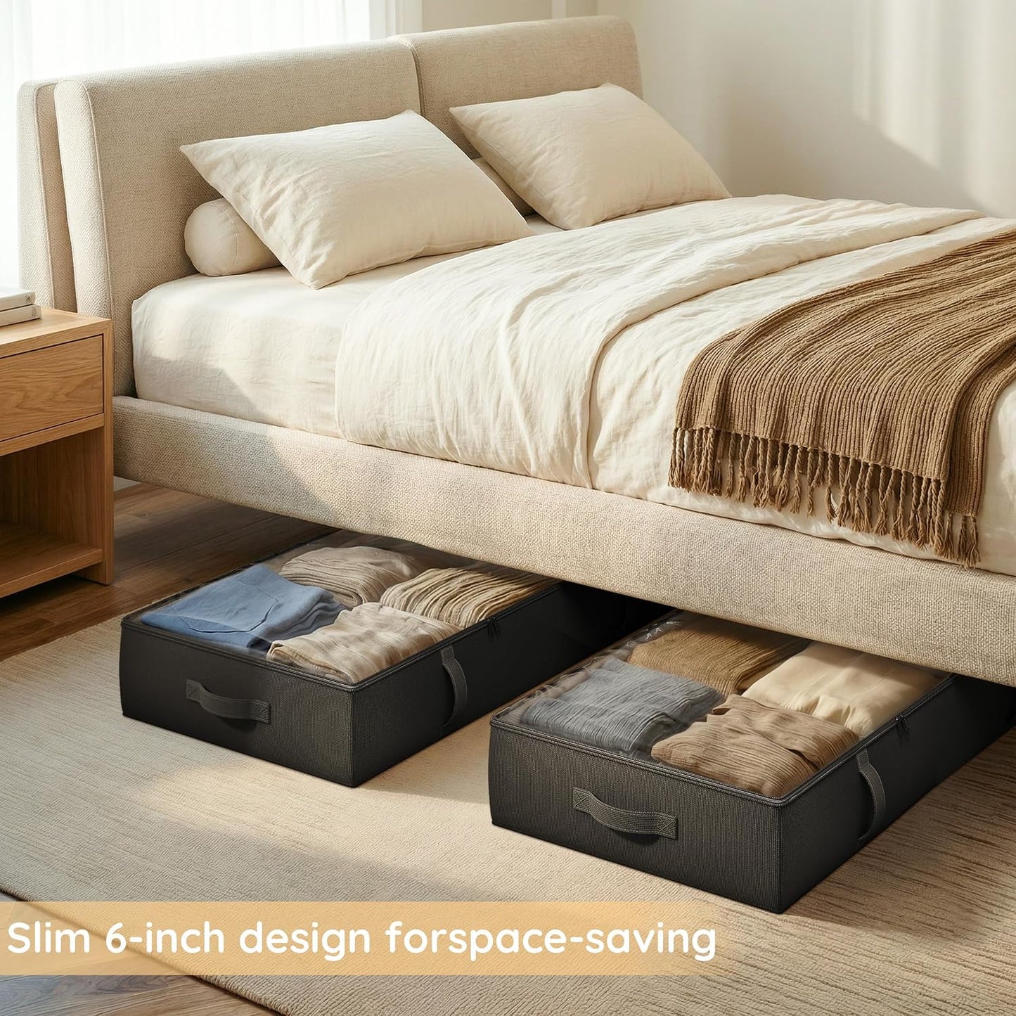 Vailando Side-Supported Under Bed Storage Containers, 6 Inches Tall 60L Underbed Storage Bins with Sturdy Handles and Sidewalls, Closet Organizer for Clothes, Blankets, Seasonal Items, Beige, 2-Pack