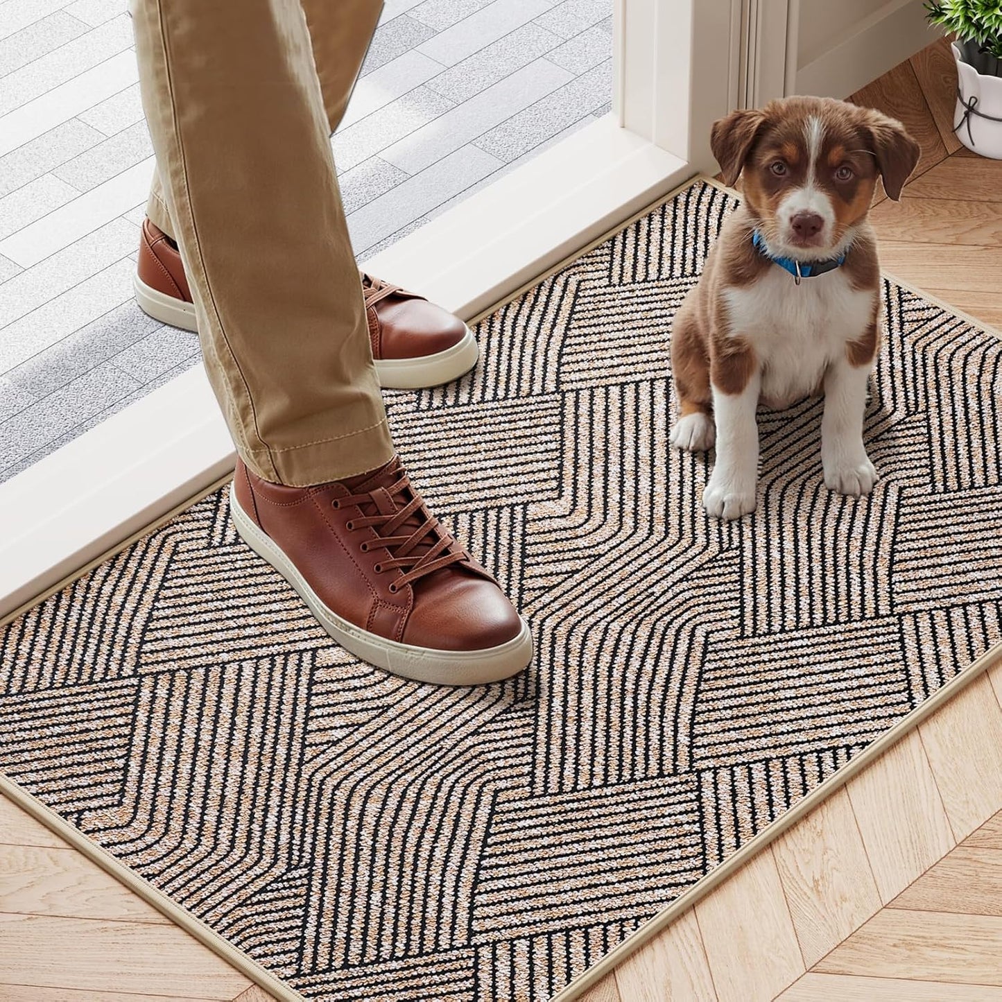 Indoor Door Mat 17"x30", Low-Profile Thin Welcome Front Door Mat Indoor Entrance, Non Slip Rubber Backing Inside Doormat Washable Entryway Dirt Resistant & Absorbent Entry Mat, Light-Brown